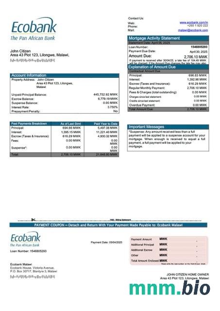 Malawi Ecobank Malawi wyciąg z kredytu hipotecznego szablon Word i PDF
